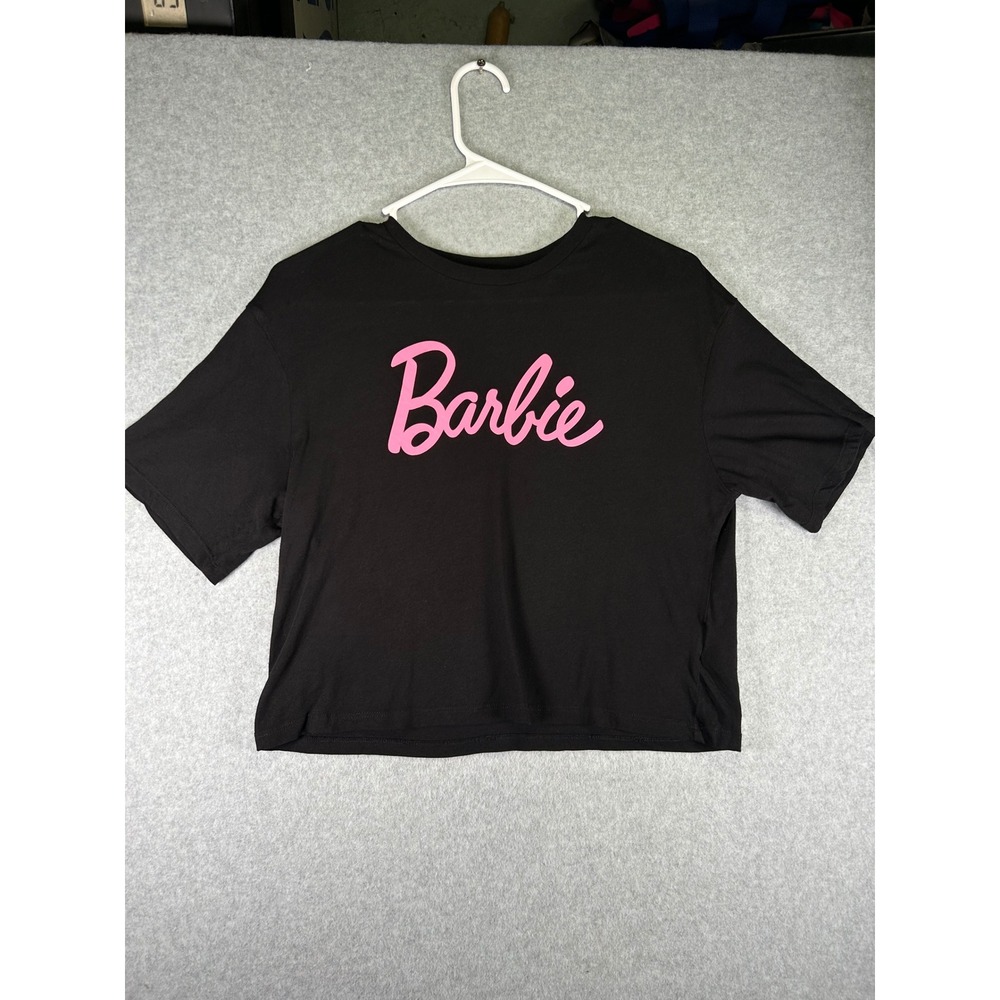 HM Barbie Girls Black Pink Graphic Logo Cropped T-Shirt Size 14Y+ 0871
